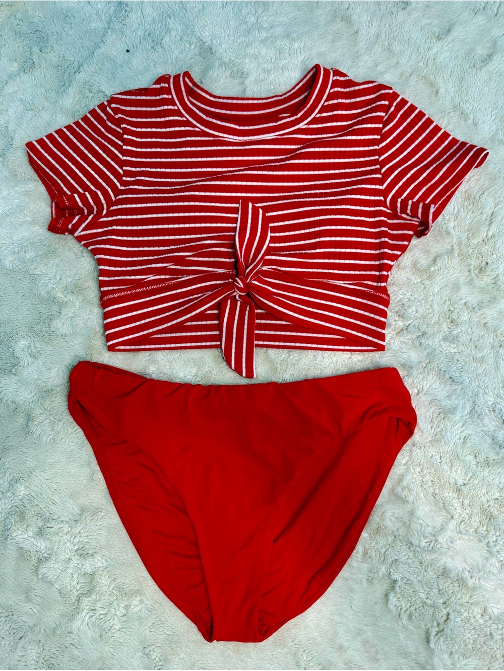 Red & White Striped Tie-Front Swim Top with Solid Red Bottom